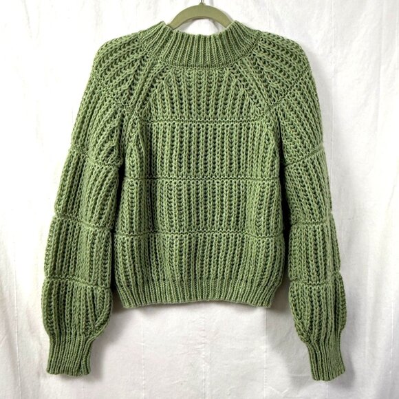 Hyfve Sweater Womens Sz M Green Chunky Open Knit Puff Sleeve Crewneck Pullover - Picture 5 of 9